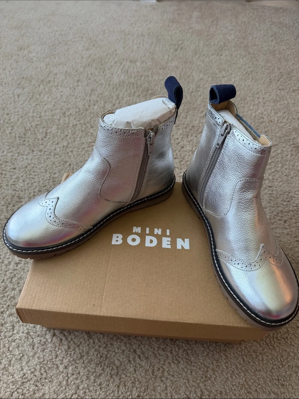 Mini Boden Metallic Silver Chelsea Boots with Navy Side Panels